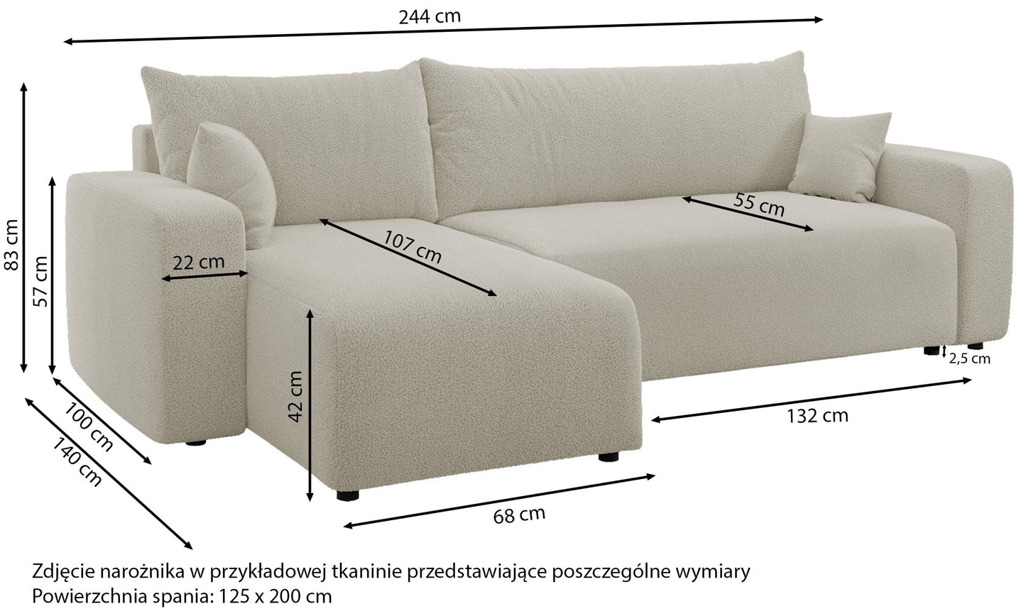 NONIPIA L-formas stūra dīvāns ar gulēšanas funkciju, ar konteineri, universāls, pelēks velvets - N1 Home