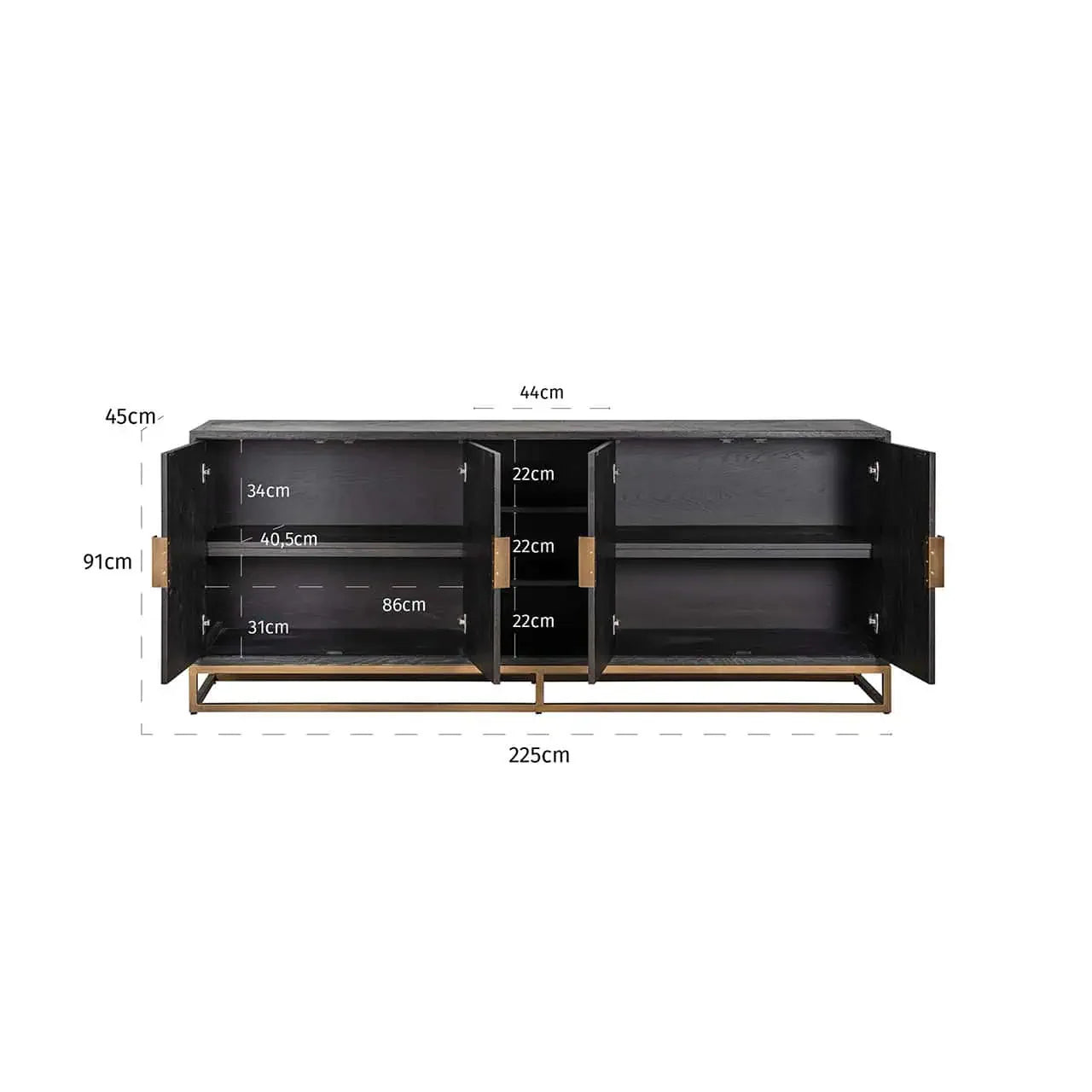Kumode Blackbone misiņa 4 durvis Richmond Interiors 91/225/45 cm melna rustikāla - N1 Home