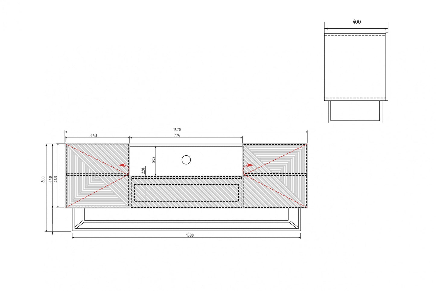 OSLO RTV kumode uz metāla kājām 167/60/40 cm kašmirs/melns - N1 Home