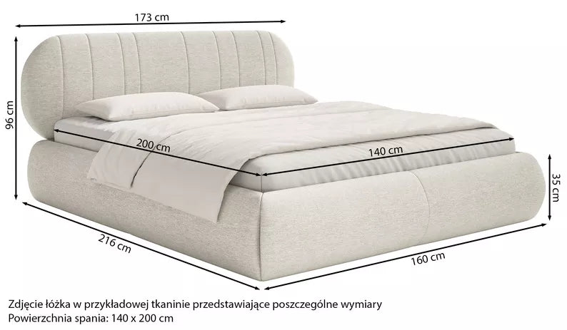 MELIOSA Mīkstā gulta 140/160/180x200 cm ar konteineru, metāla rāmis, bēšs audums - N1 Home