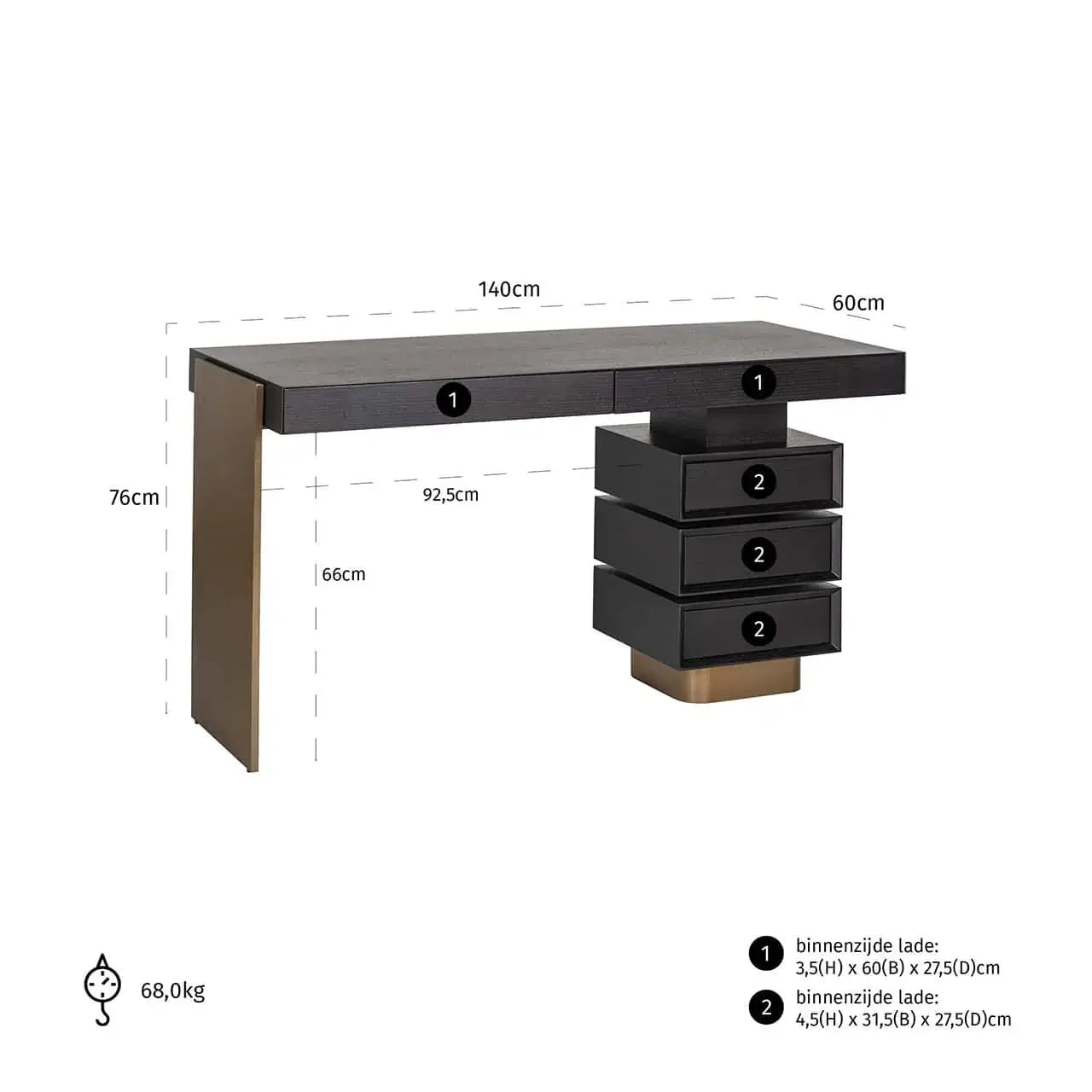 Rakstāmgalds ar 5 atvilktnēm Connar Richmond Interiors 76/140/60 cm ogles - N1 Home
