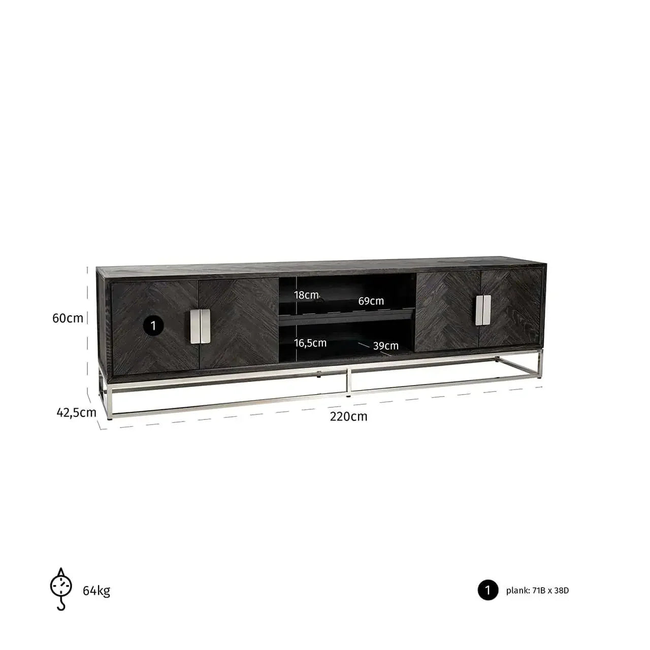 TV skapītis Blackbone misiņš 4 durvis 200 Richmond Interiors 60/200/42 cm melns rustikāls - N1 Home