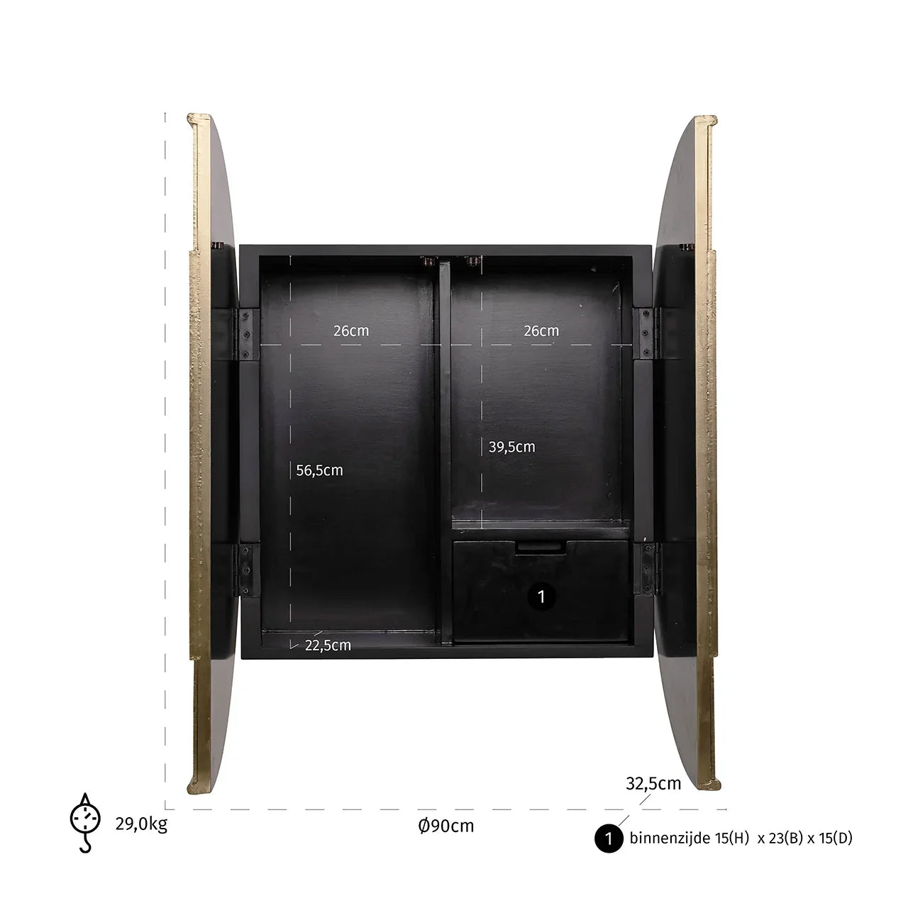 Sienas skapis Bowie ar 2 durvīm Richmond Interiors 90/90/32 cm melns/zelts - N1 Home