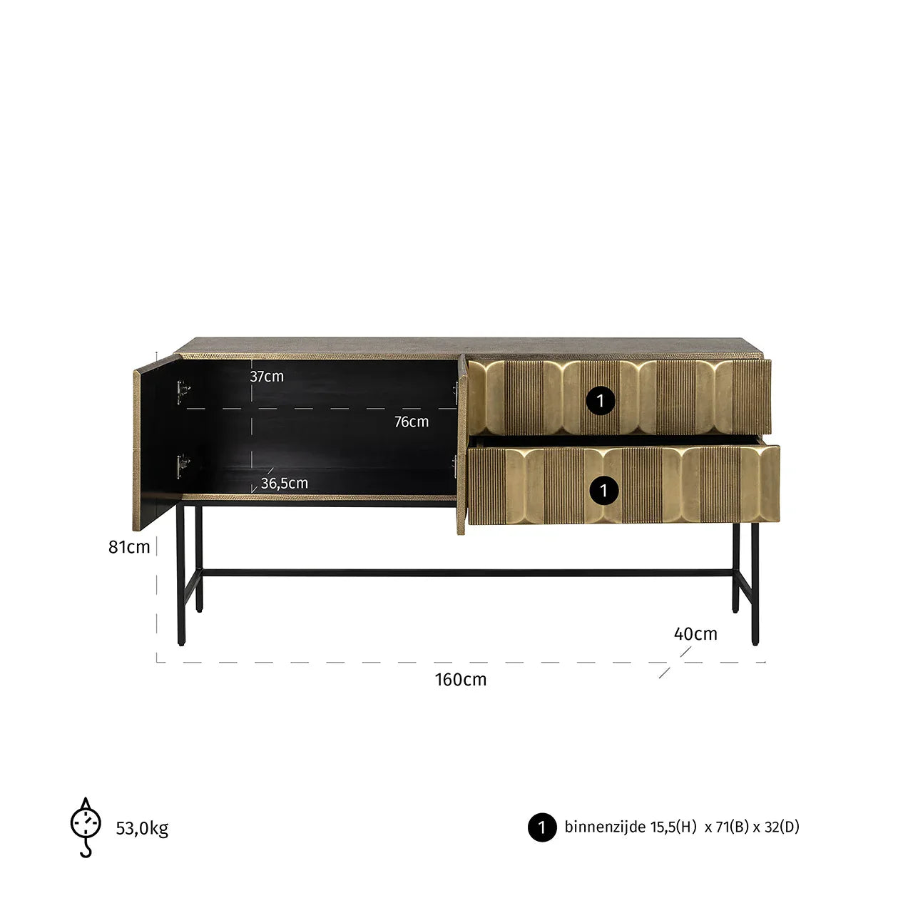 Kumode Jaxx 2 durvis 2 atvilktnes Richmond Interiors 81/160/40 cm melns/zelts - N1 Home