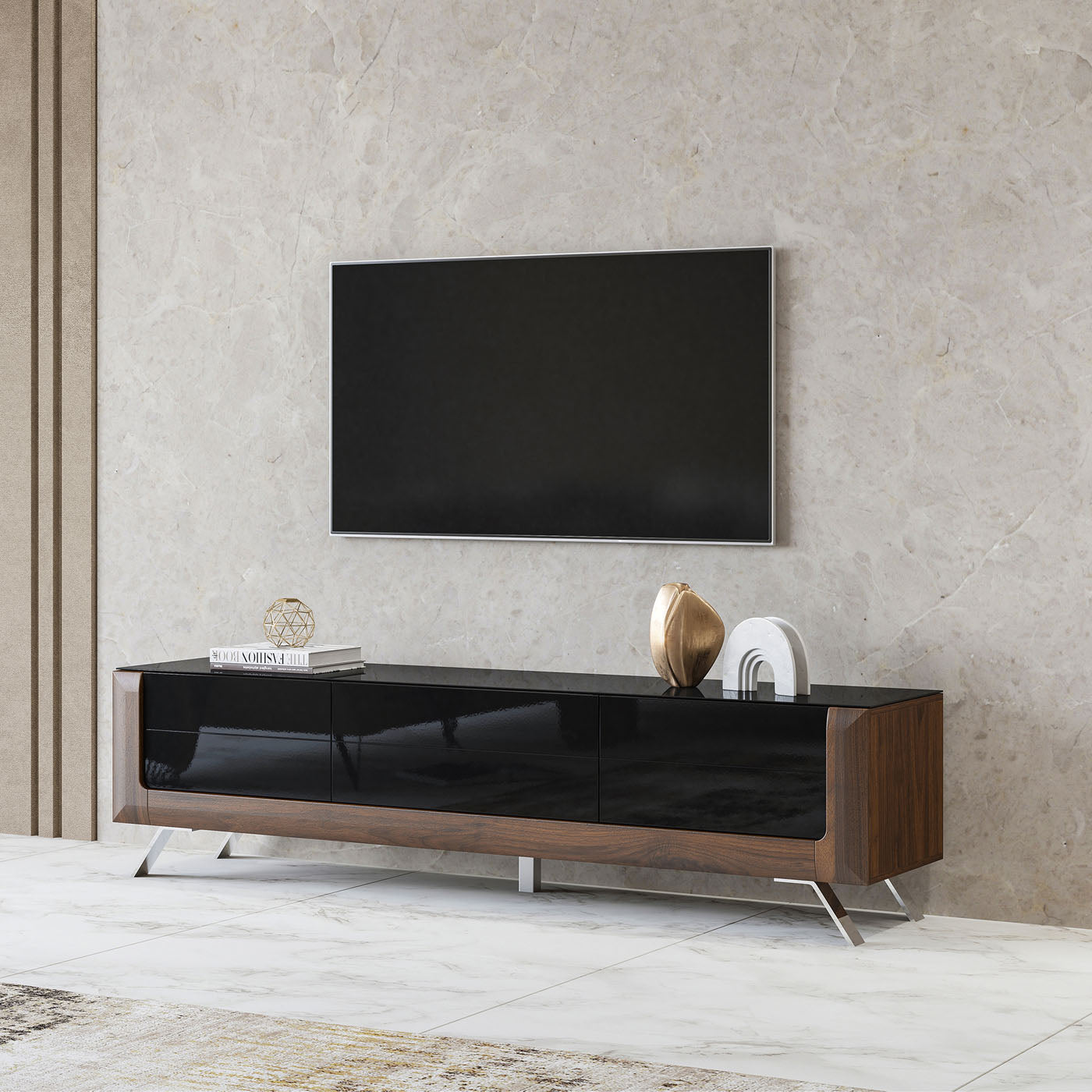 TV skapis Kavasari 199/48/52 cm Kolumbijas valrieksts/melns