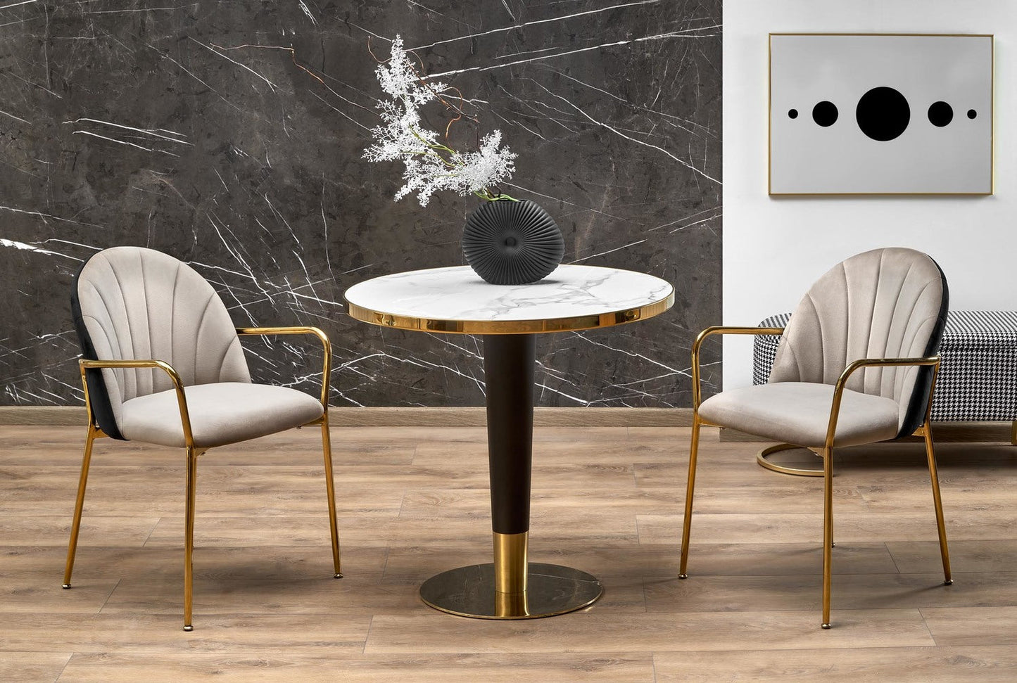 MR apaļais galds, baltais marmors / melns / zelts