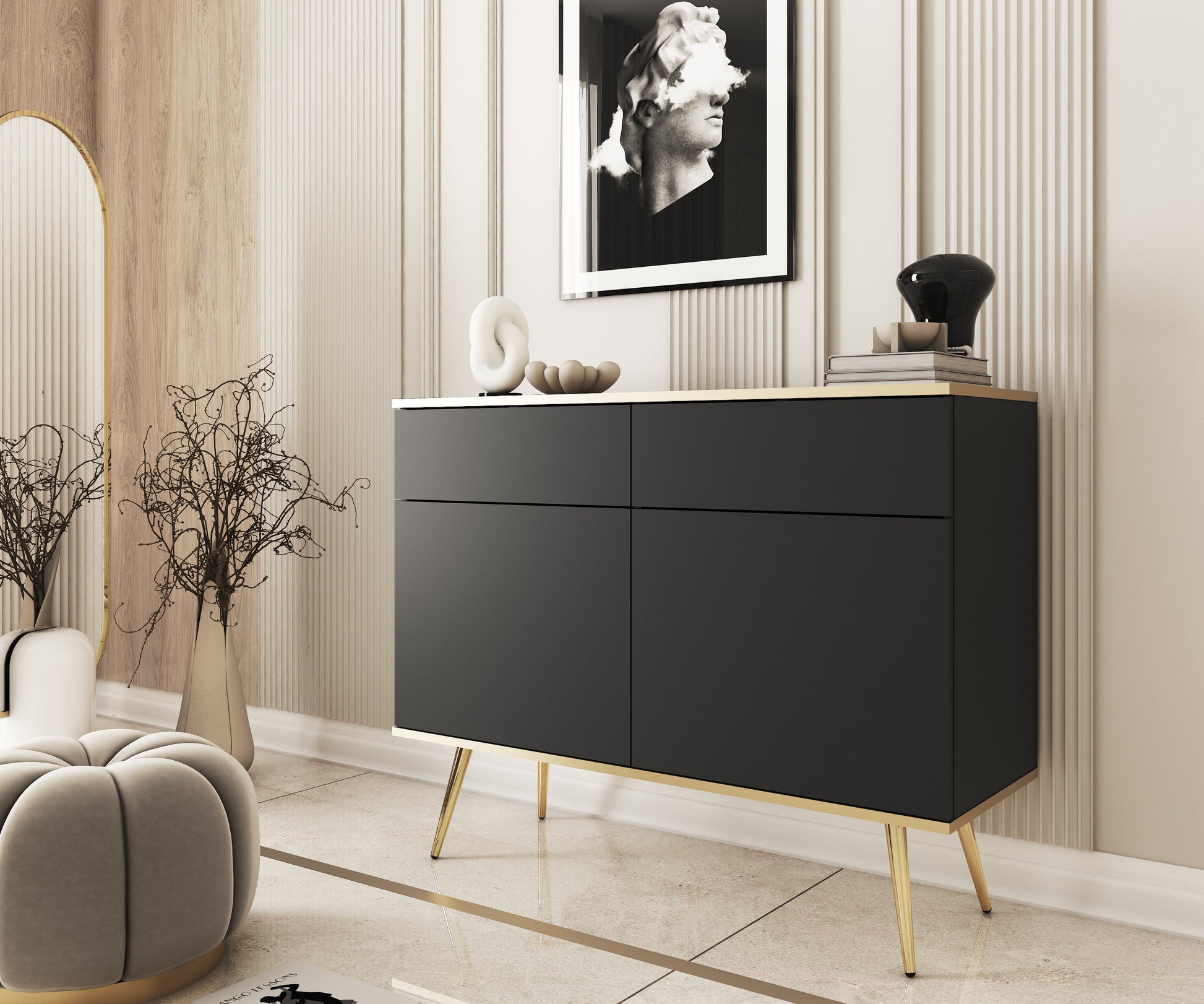 Kumode O2 107/85/39 cm melns/zelts - N1 Home