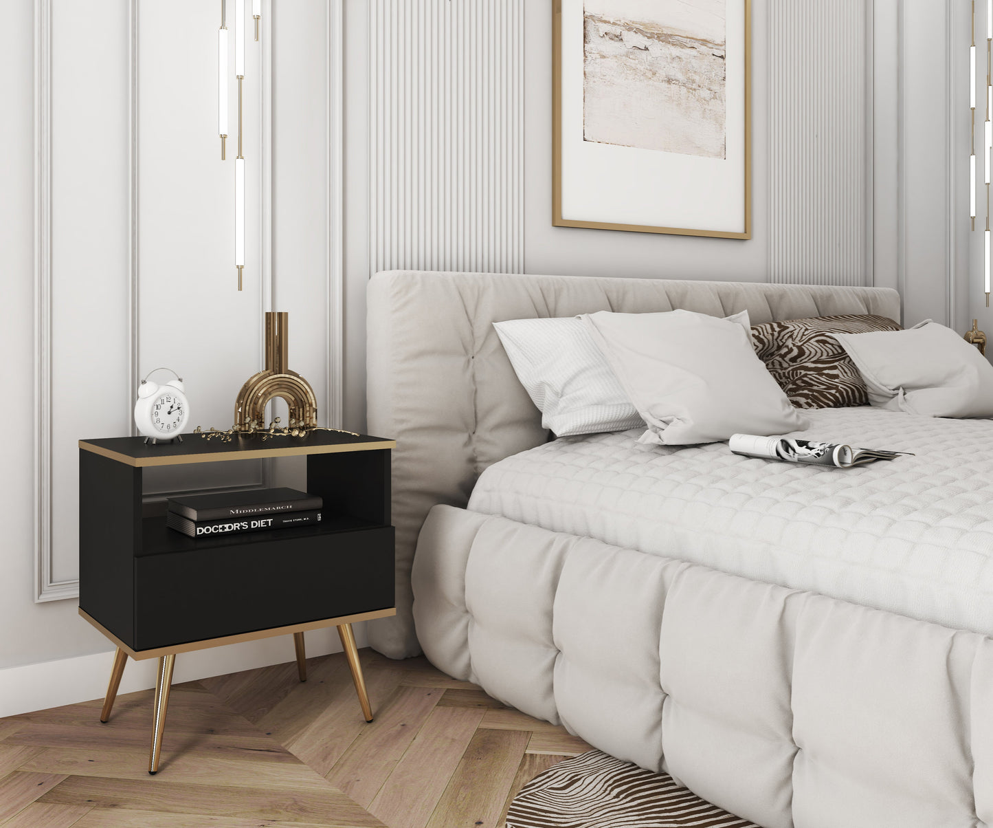 Naktsskapītis O2 54/59/39 cm melns/zelts - N1 Home