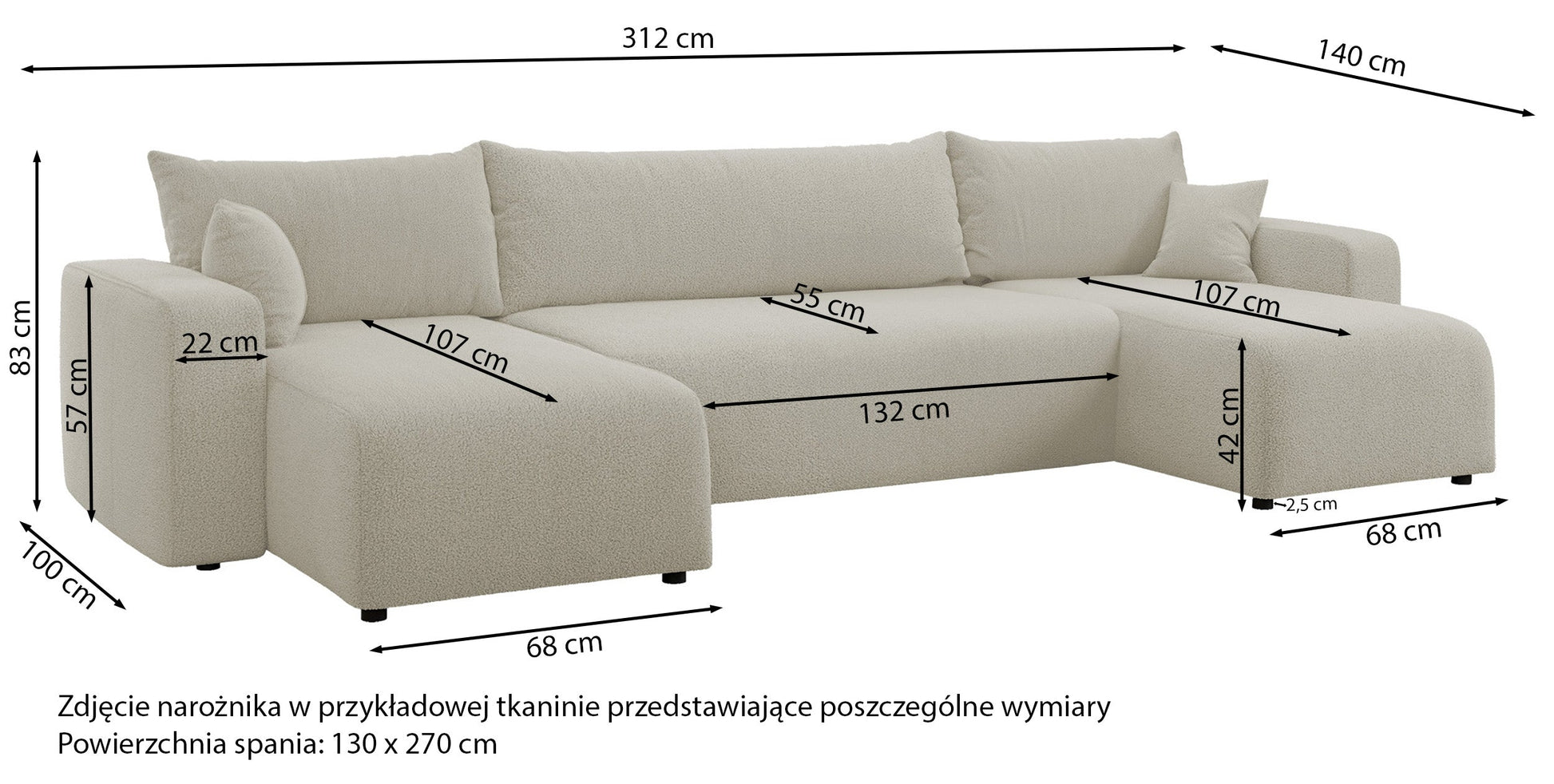 NONIPIA U-formas stūra dīvāns ar gulēšanas funkciju, ar konteineri, universāls, gaiši bēšs velvets - N1 Home