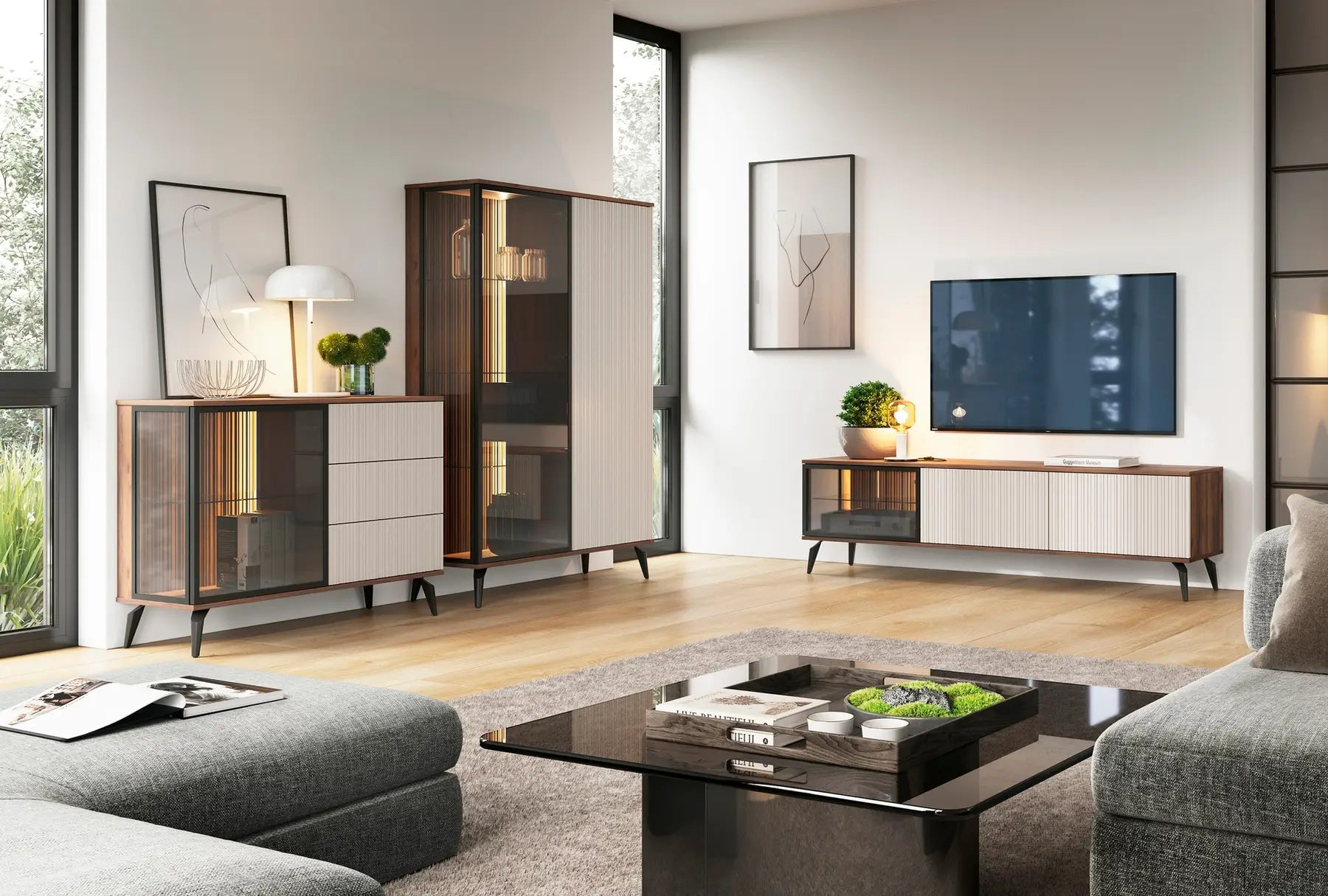 Vitrīnas skapis Vic 105/39,5/167 cm kašmirs/rieksts - N1 Home