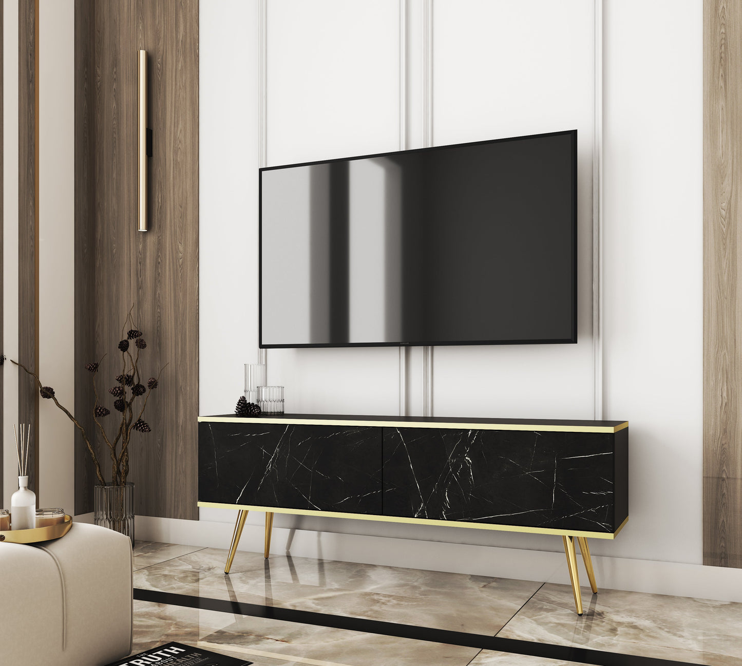 RTV skapis O2 gluda priekšpuse 135/30/32 cm melns marmors - N1 Home