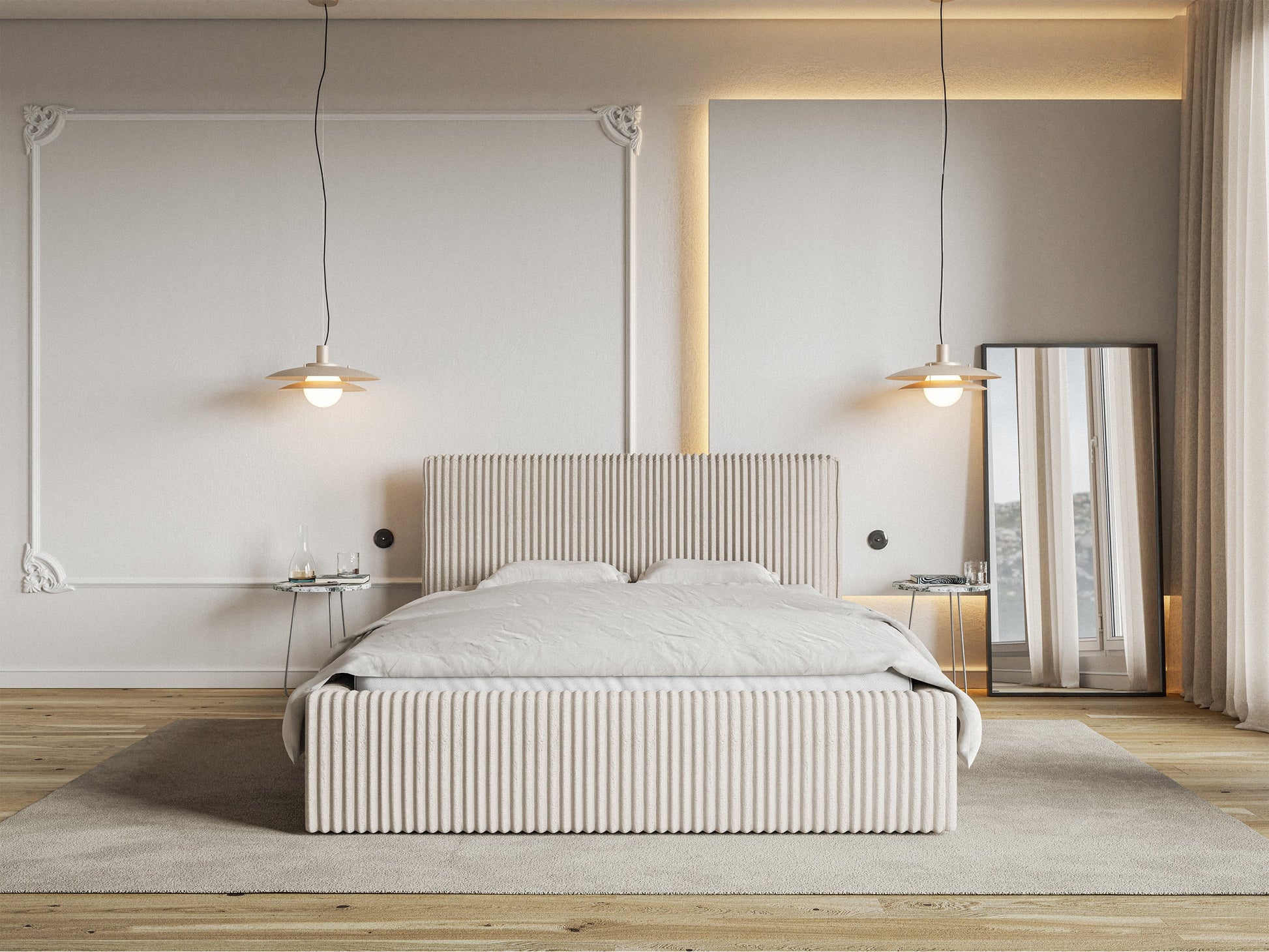 CLIO Mīkstā gulta 140/160/180x200 cm ar glabātuvi, metāla rāmis, krēmkrāsas velvets - N1 Home