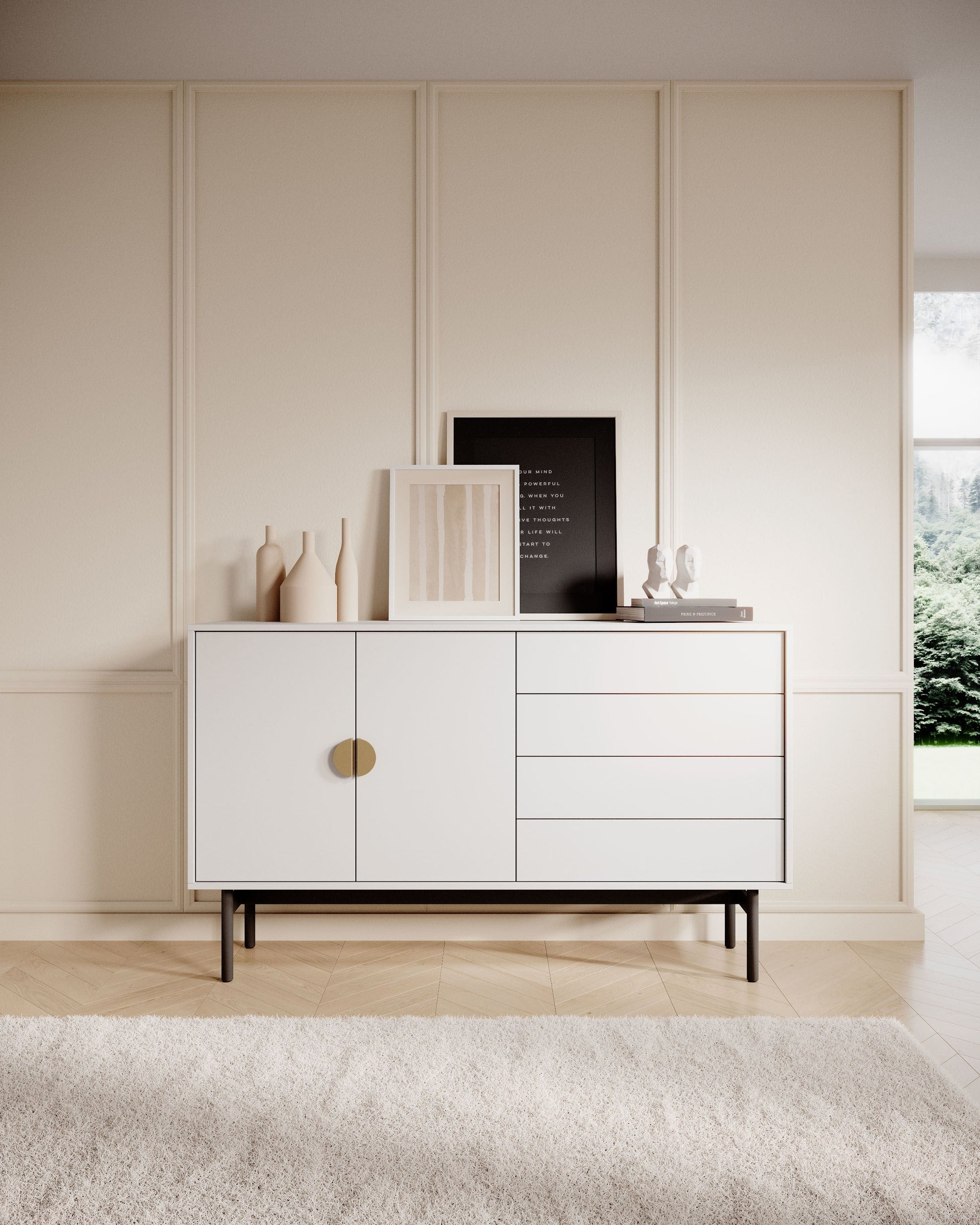 LOON Divdurvju kumode ar četrām atvilktnēm, 154 cm, balta - N1 Home