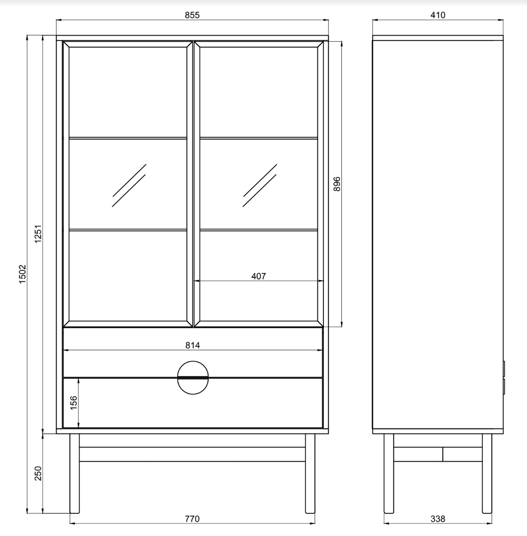 LOON 85 cm zema vitrīna ar trim plauktiem un divām atvilktnēm 85 cm, melna - N1 Home