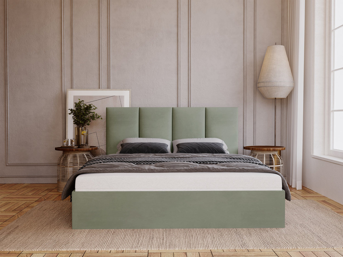 PRIMI Mīkstā gulta 120/140/160/180x200 cm ar  uzglabāšanas kasti, eikalipta samta hidrofobu - N1 Home