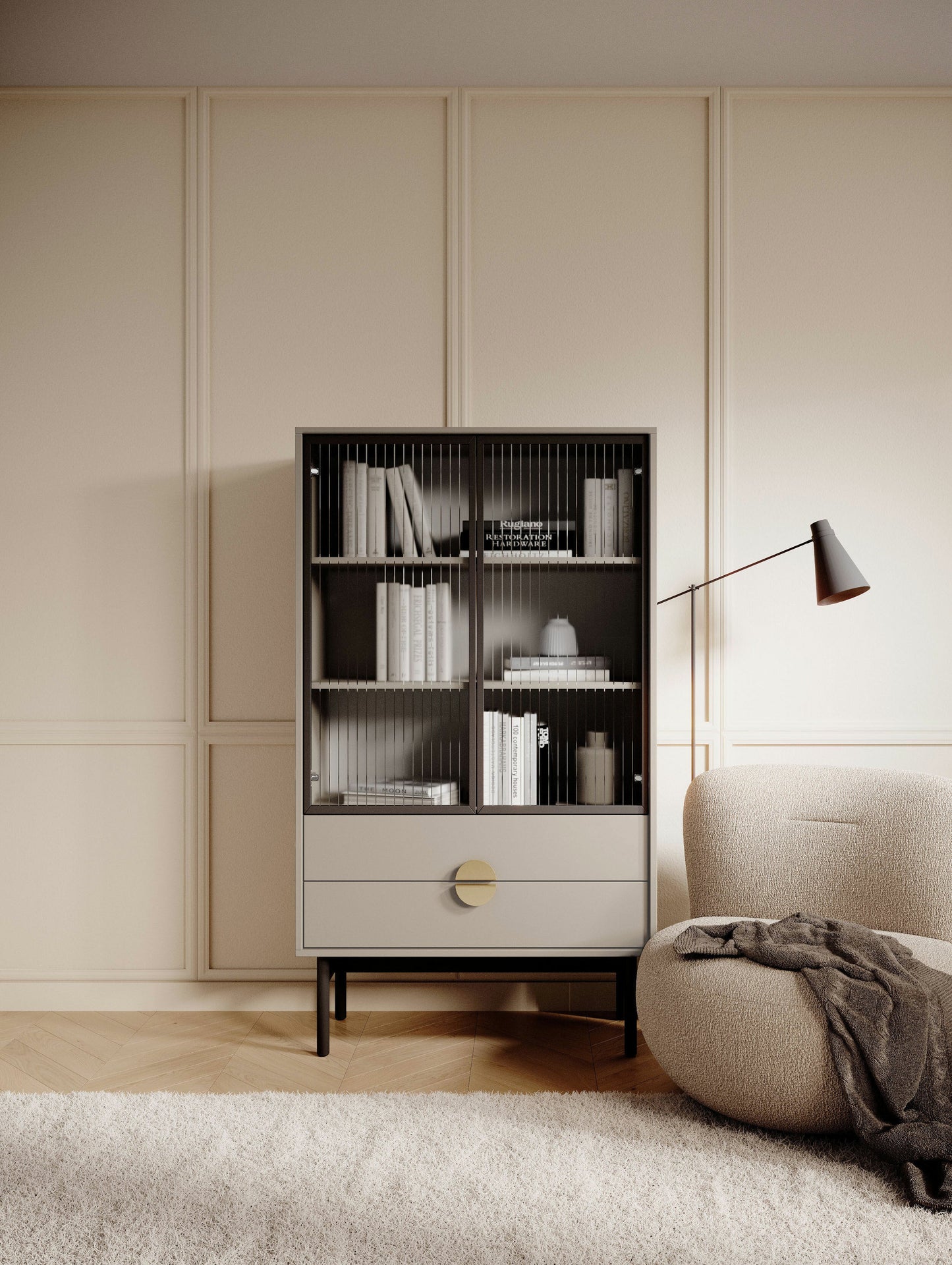 LOON 85 cm zema vitrīna ar trim plauktiem un divām atvilktnēm 85 cm, pelēki bēšs - N1 Home