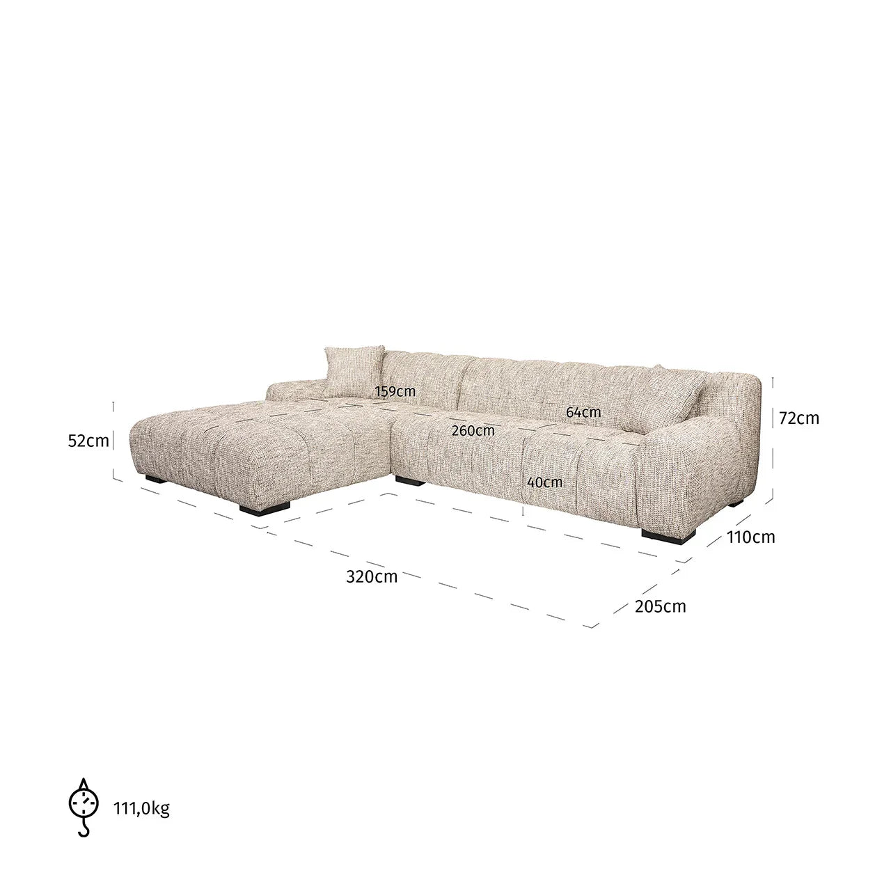 Dīvāns Hazel 3-vietīgs + dīvāns kreisajā pusē moderns dabisks Richmond Interiors  71/326/204 cmBe Trendy 01 Nature - N1 Home