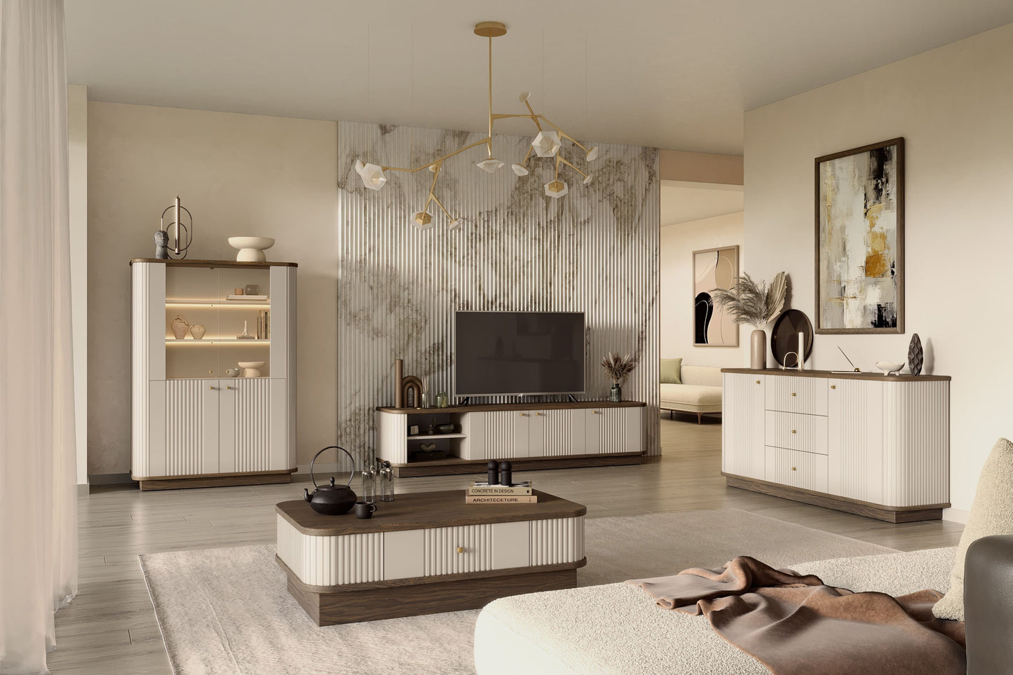 TV skapis Vespa 187/43/38 cm kašmirs/rieksts/zelts - N1 Home
