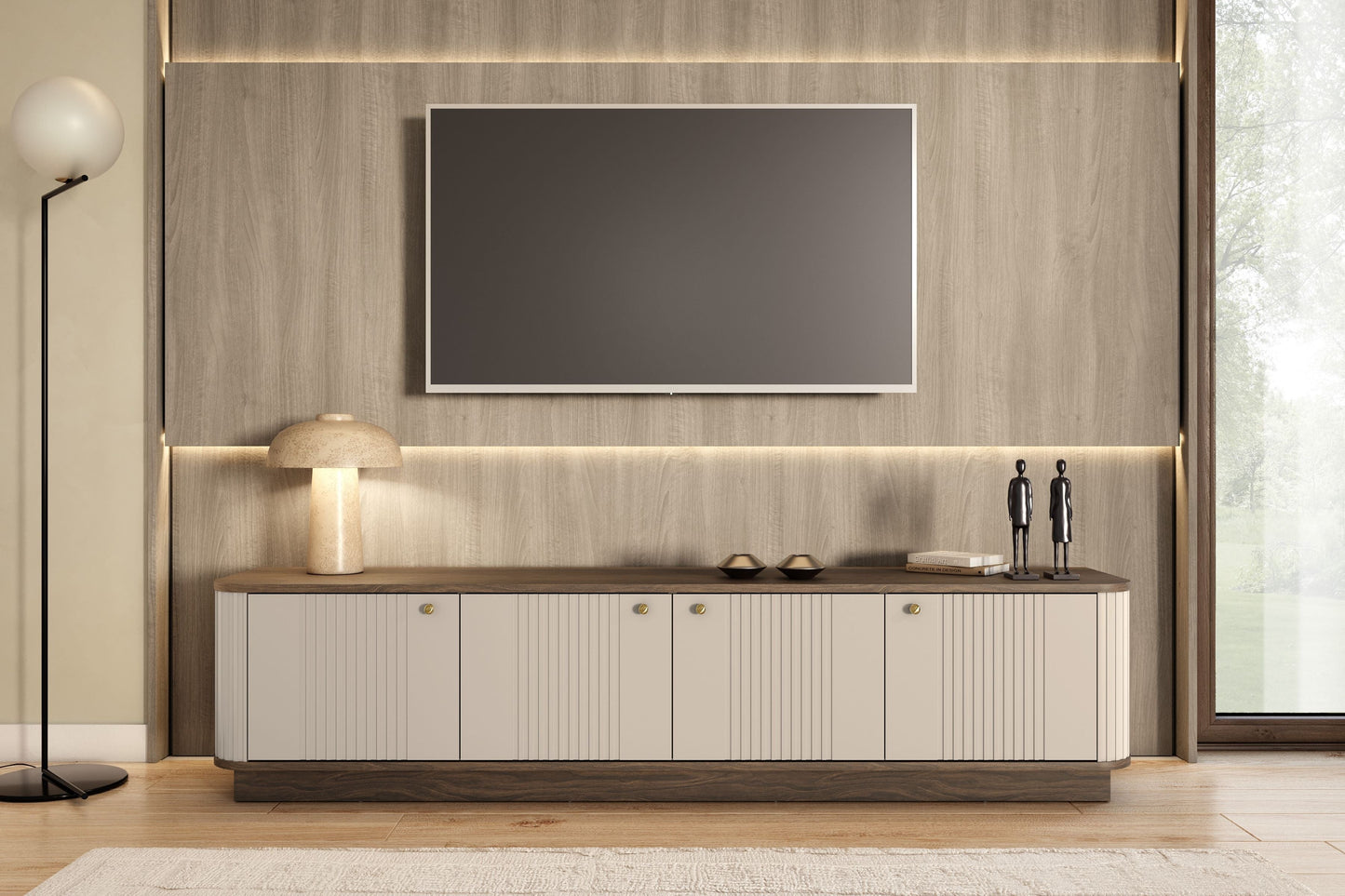 TV skapis Vespa 187/43/38 cm kašmirs/rieksts/zelts - N1 Home