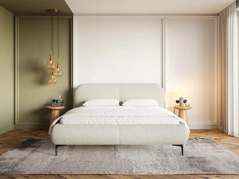 VALEO Polsterēta gulta 140/160/180x200 cm, gaiši bēša hidrofoba bize, melnas kājas - N1 Home