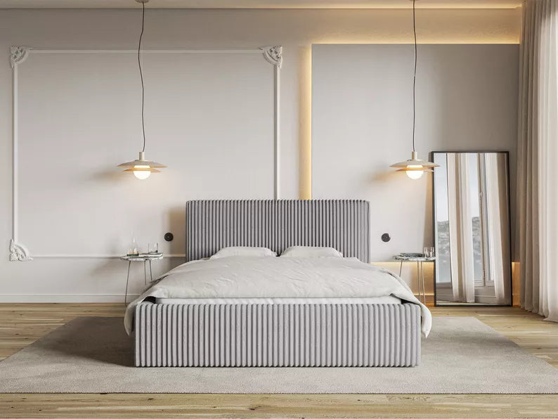LIOTI Mīkstā gulta 140/160/180x200 cm  ar glabātuvi, metāla rāmis, gaiši pelēks biezs velvets - N1 Home