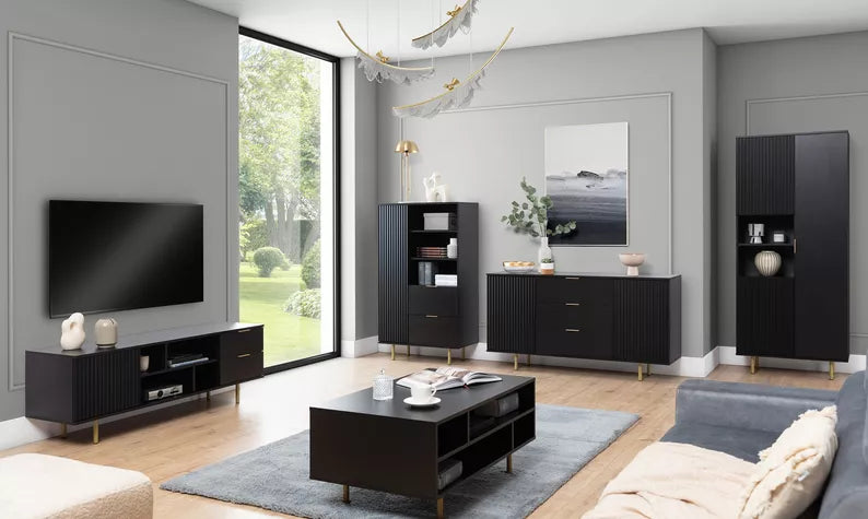 BLAZKA Divdurvju kumode, 150 cm, ar trim atvilktnēm, matēti melnas līstes - N1 Home