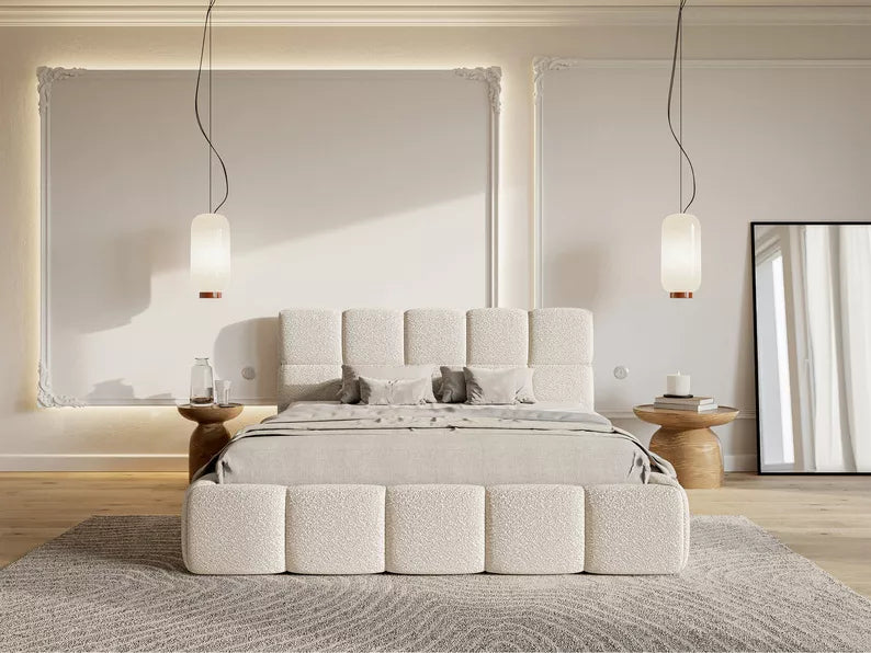 CLOD Mīkstā gulta 200x200 cm ar glabātuvi, gaiši smilškrāsas bukle - N1 Home