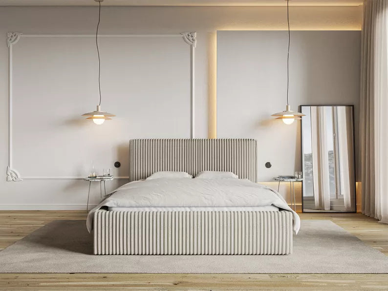 LIOTI Mīkstā gulta 140/160/180x200 cm  ar glabātuvi, metāla rāmis, gaiši bēšs biezs velvets - N1 Home