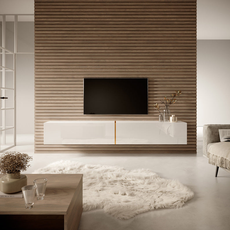 SIRABI TV skapis, 200 cm, balts ar zelta ieliktni - N1 Home