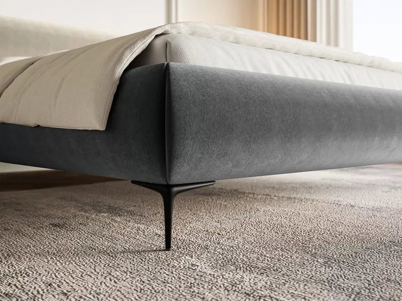 LOURE Mīkstā gulta 140/160/180x200 cm ar glabātuvi, metāla rāmis, pelēks hidrofobs samts, melnas kājas - N1 Home