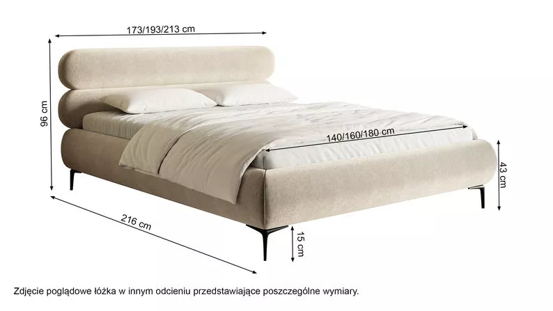 LOURE Mīkstā gulta 140/160/180x200 cm ar glabātuvi, metāla rāmis, pelēks un bēšs šenils, melnas kājas - N1 Home