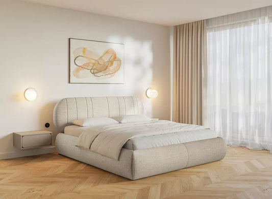 MELIOSA Mīkstā gulta 140/160/180x200 cm ar konteineru, metāla rāmis, bēšs audums - N1 Home