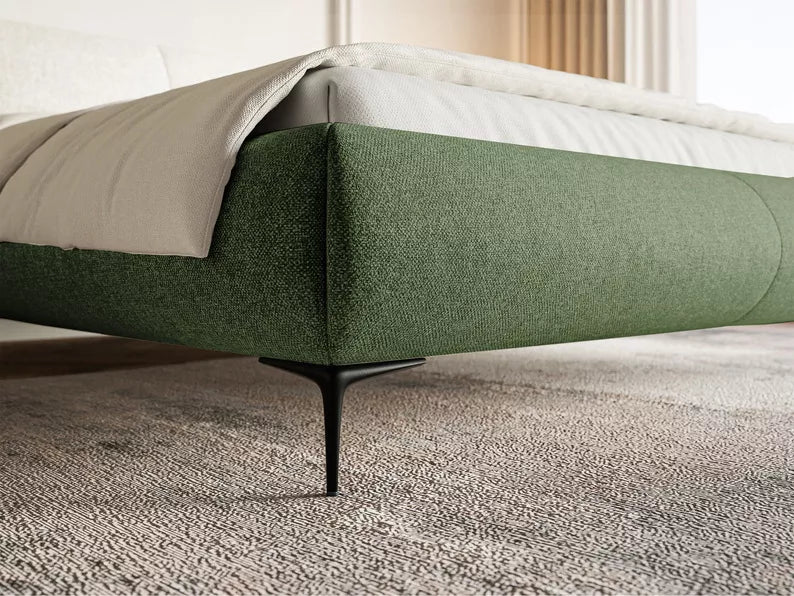 VALEO Polsterēta gulta 140/160/180x200 cm, olīvu hidrofoba bize, melnas kājas - N1 Home