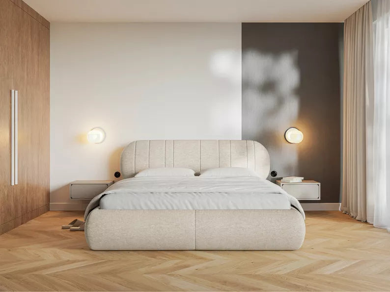MELIOSA Mīkstā gulta 140/160/180x200 cm ar konteineru, metāla rāmis, bēšs audums - N1 Home