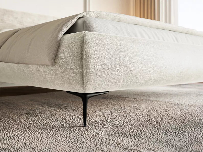 LOURE Mīkstā gulta 140/160/180x200 cm ar glabātuvi, metāla rāmis, pelēks un bēšs šenils, melnas kājas - N1 Home