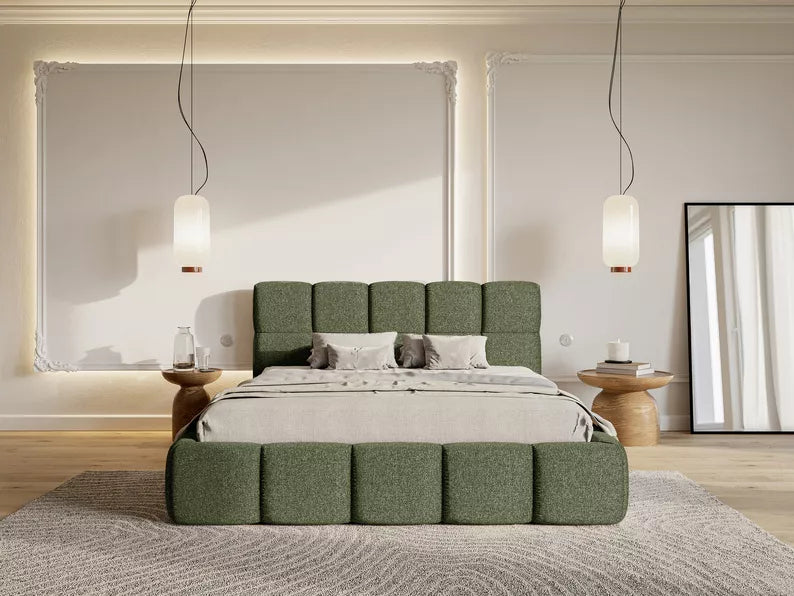 CLOD Mīkstā gulta 140/160/180/200 x 200 cm ar glabātuvi, olīvu hidrofobs šenils - N1 Home