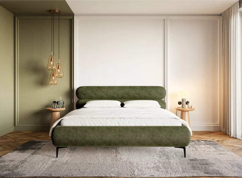 LOURE Mīkstā gulta 140/160/180x200 cm ar glabātuvi, metāla rāmis, olīvu šenils, melnas kājas - N1 Home