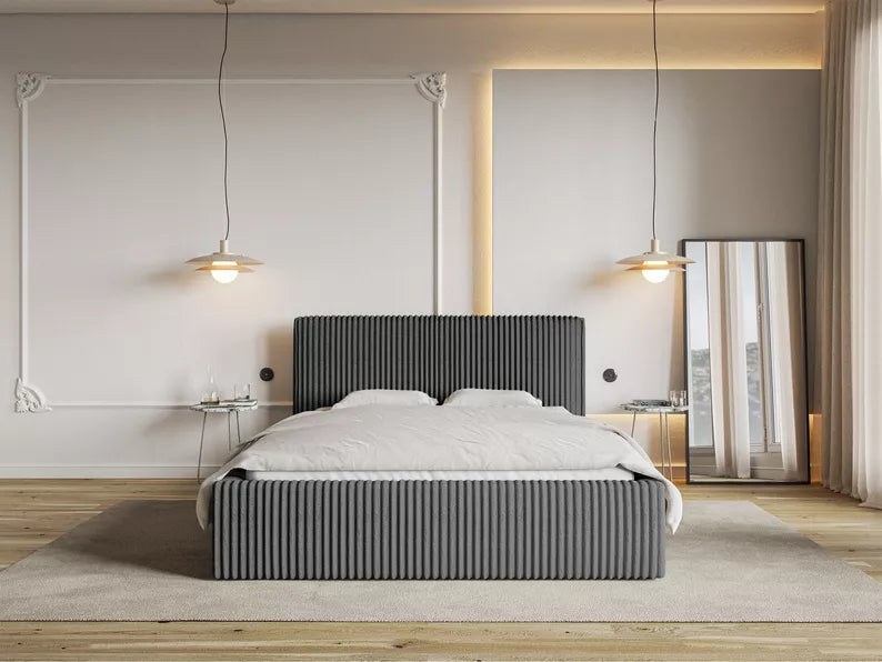 LIOTI Mīkstā gulta 140/160/180x200 cm  ar glabātuvi, metāla rāmis, pelēks biezs velvets - N1 Home