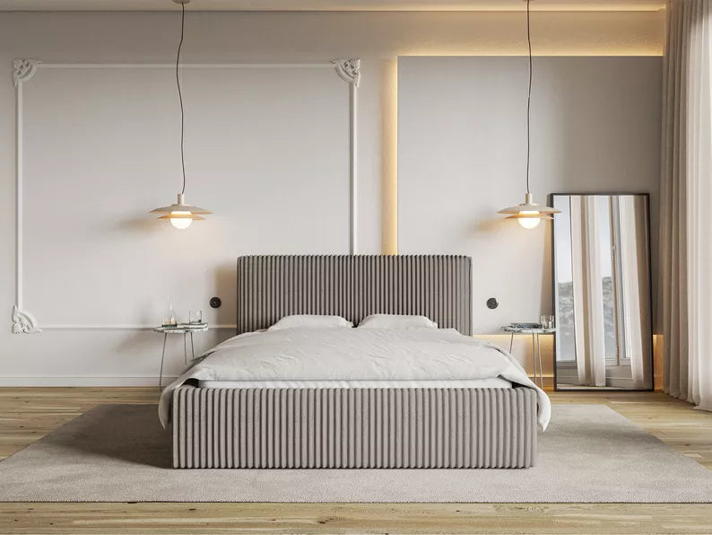 LIOTI Mīkstā gulta 140/160/180x200 cm  ar glabātuvi, metāla rāmis, pelēki bēšs biezs velvets - N1 Home