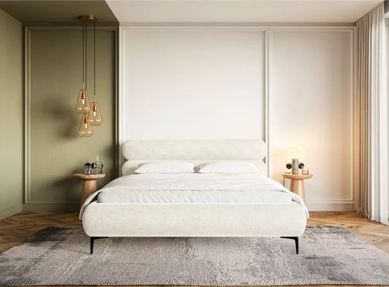LOURE Mīkstā gulta 140/160/180x200 cm ar glabātuvi, metāla rāmis, krēmkrāsas šenils, melnas kājas - N1 Home