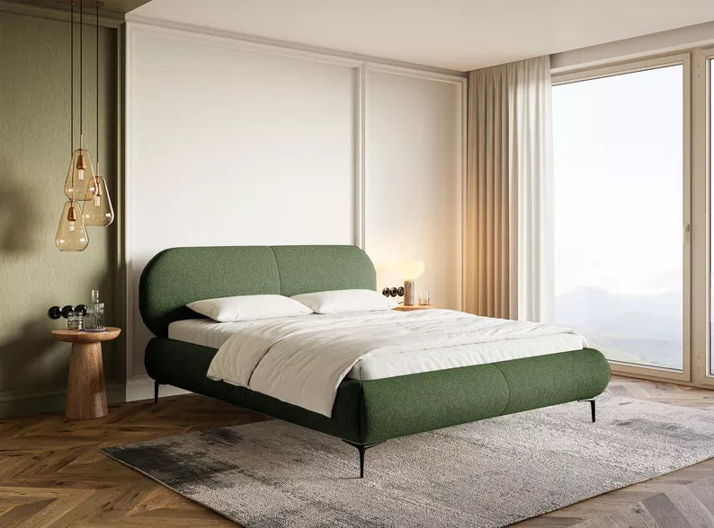 VALEO Polsterēta gulta 140/160/180x200 cm, olīvu hidrofoba bize, melnas kājas - N1 Home
