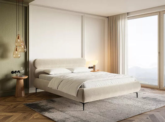 LOURE Mīkstā gulta 140/160/180x200 cm ar glabātuvi, metāla rāmis, gaiši bēšs hidrofobs samts, melnas kājas - N1 Home