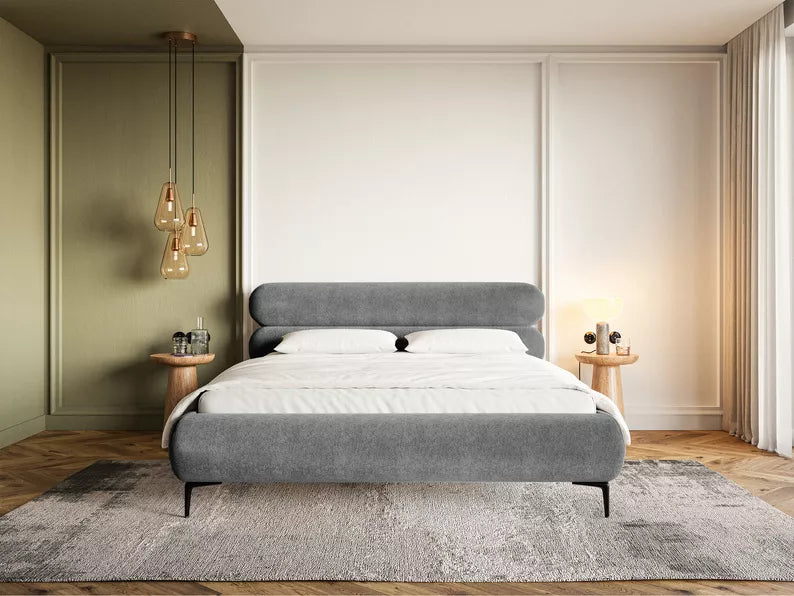LOURE Mīkstā gulta 140/160/180x200 cm ar glabātuvi, metāla rāmis, pelēks hidrofobs samts, melnas kājas - N1 Home