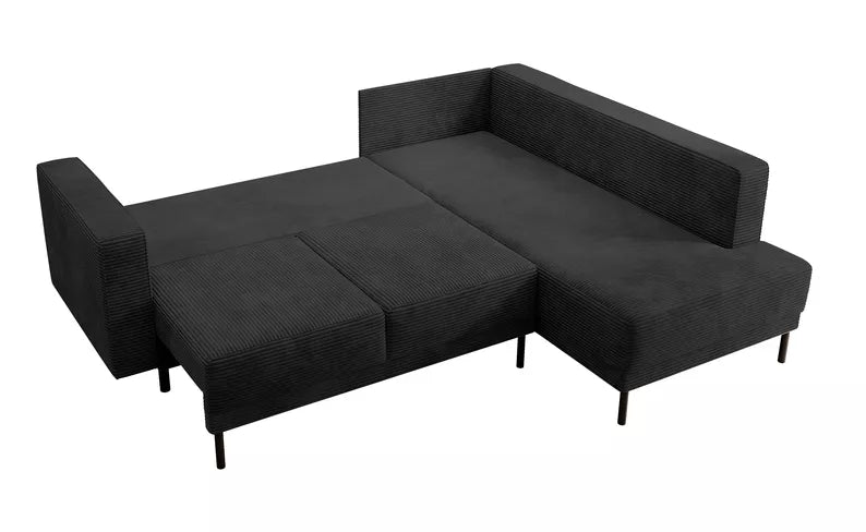 RIO Stūra dīvāns ar gulēšanas funkciju, ar konteineru, melns velvets, kreisa/laba puse - N1 Home