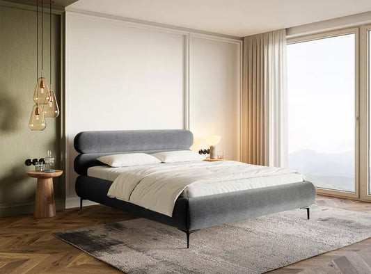 LOURE Mīkstā gulta 140/160/180x200 cm ar glabātuvi, metāla rāmis, pelēks hidrofobs samts, melnas kājas - N1 Home