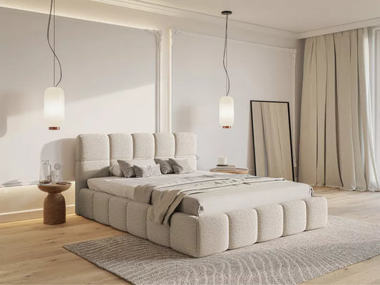 CLOD Mīkstā gulta 200x200 cm ar glabātuvi, gaiši smilškrāsas bukle - N1 Home