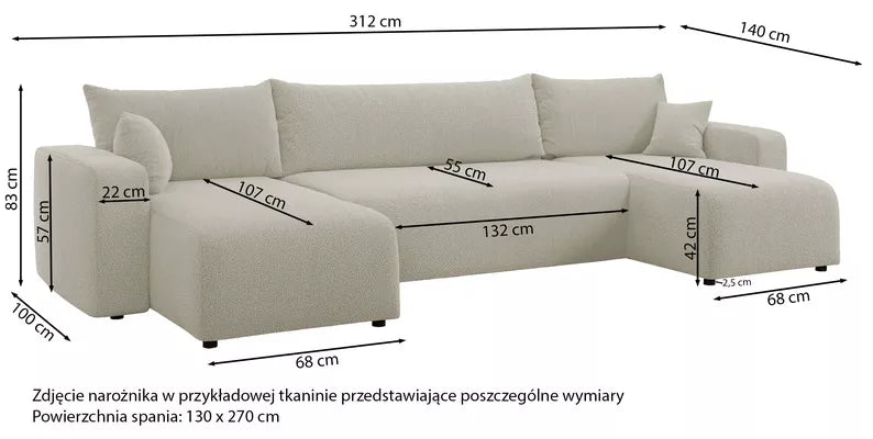 NONIPIA U-formas stūra dīvāns ar gulēšanas funkciju, ar konteineri, universāls, gaiši bēšs bukle - N1 Home