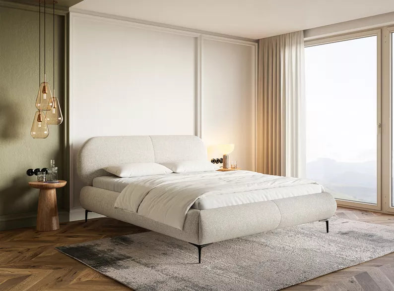 VALEO Polsterēta gulta 140/160/180x200 cm, gaiši bēša hidrofoba bize, melnas kājas - N1 Home